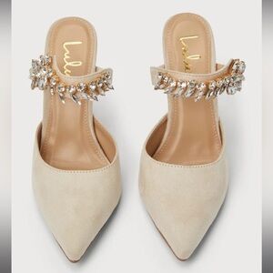 Lulu's Cream Heels with Gold Embellishments